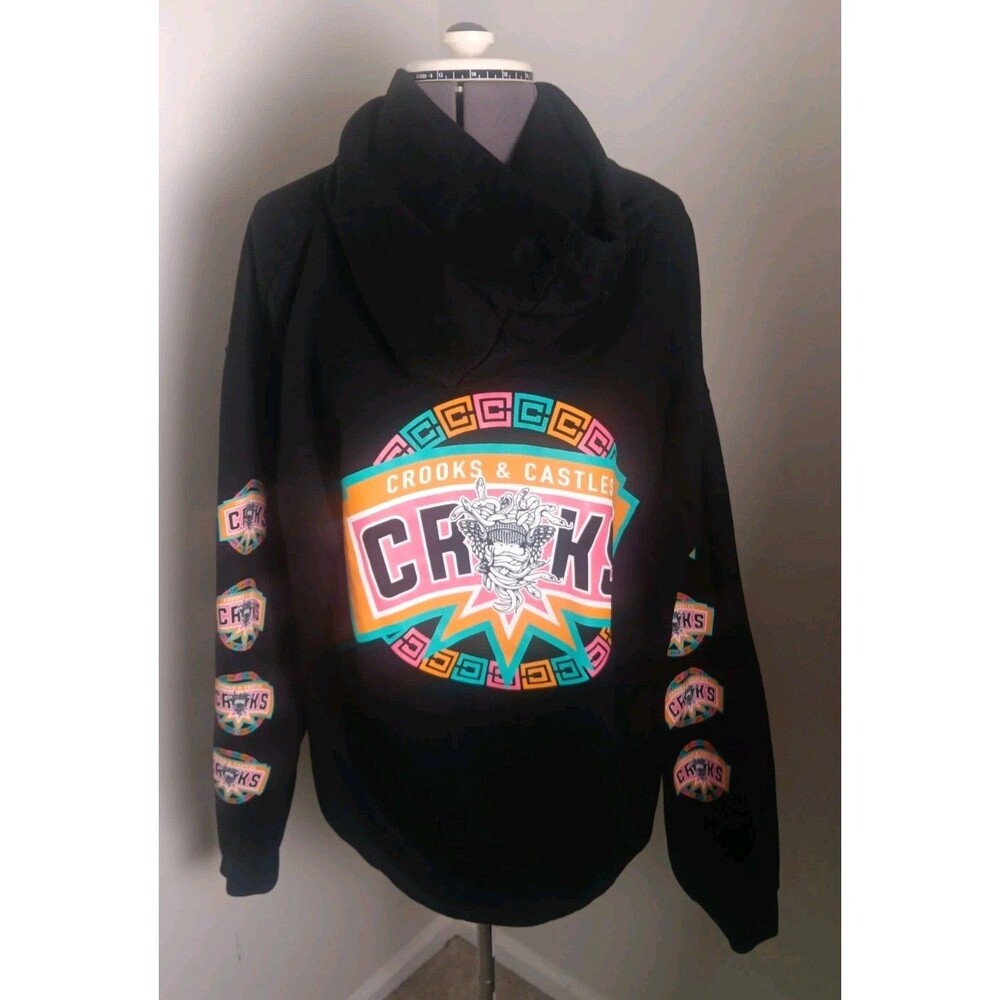 Crooks & Castles Black Hoodie Orange/Blue/Pink Graphics Size XL Face/Snakes Warm